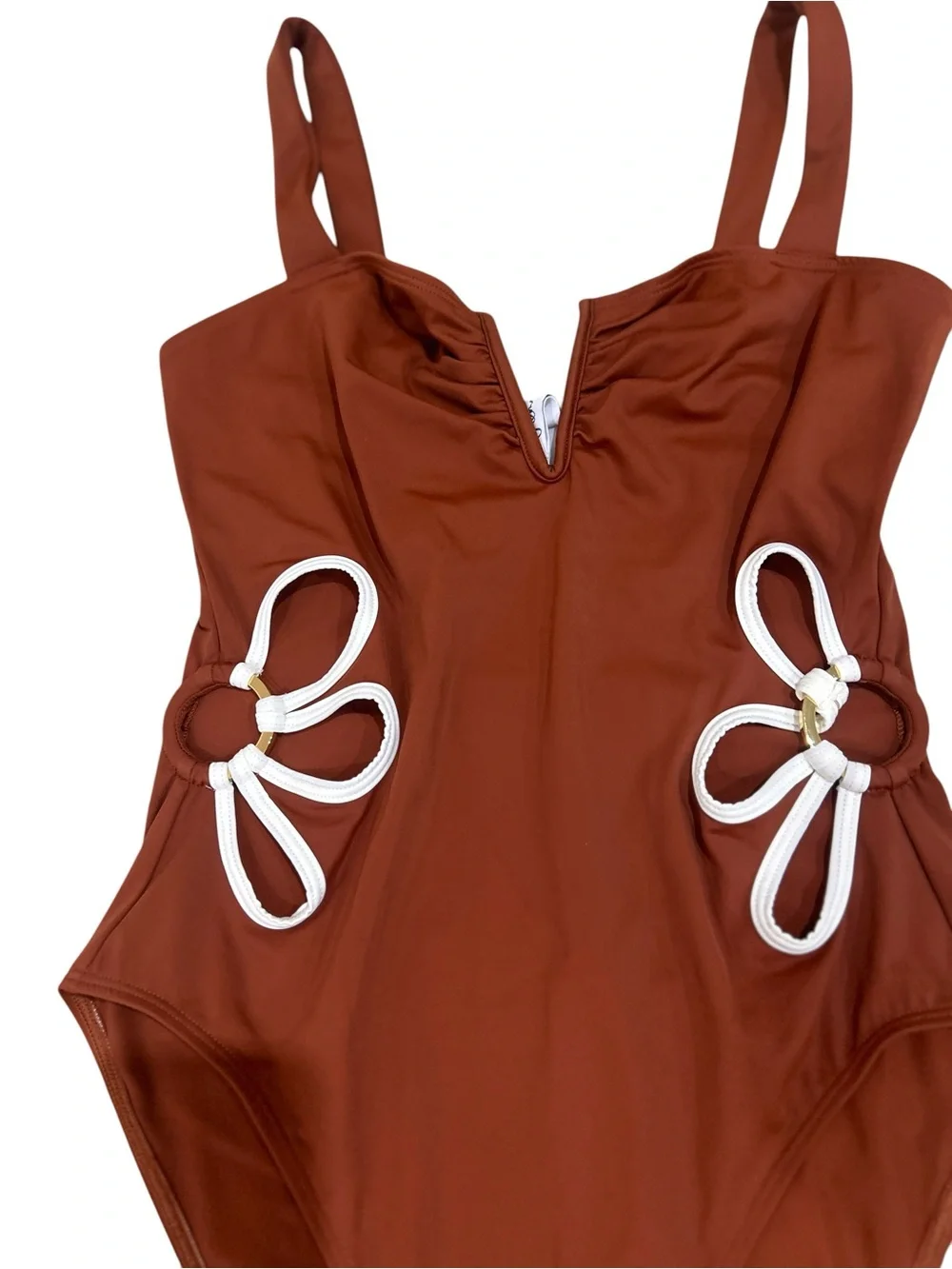 Follow Suit One-Piece Swim Suit cognac floral cutout White Trim gold ring large